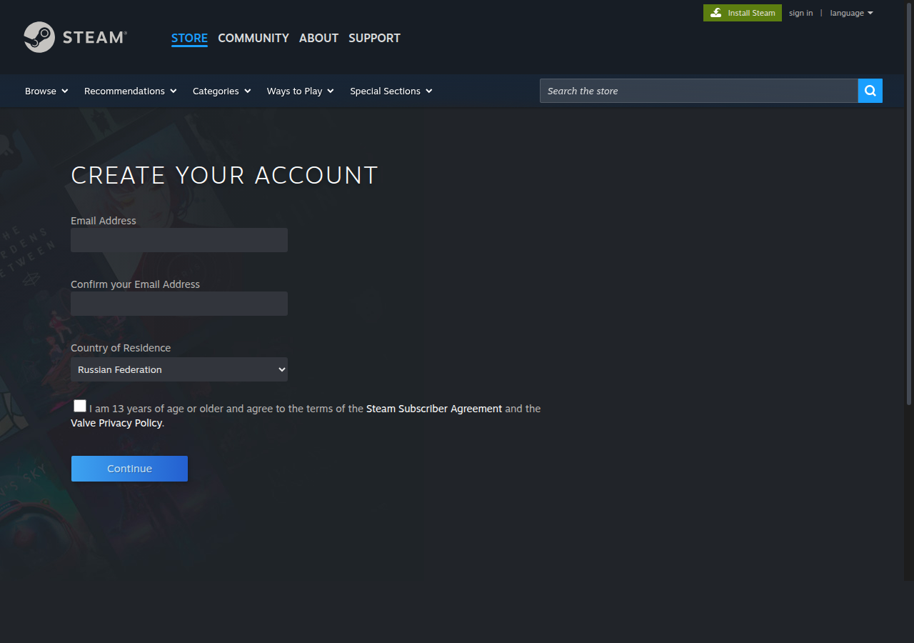 Страница регистрации Steam — форма создания аккаунта